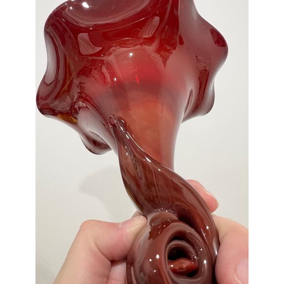 Hobbyist (?) Hand Blown Fluted Vase Maroon Red Maker Unknown - Picture 3 of 11